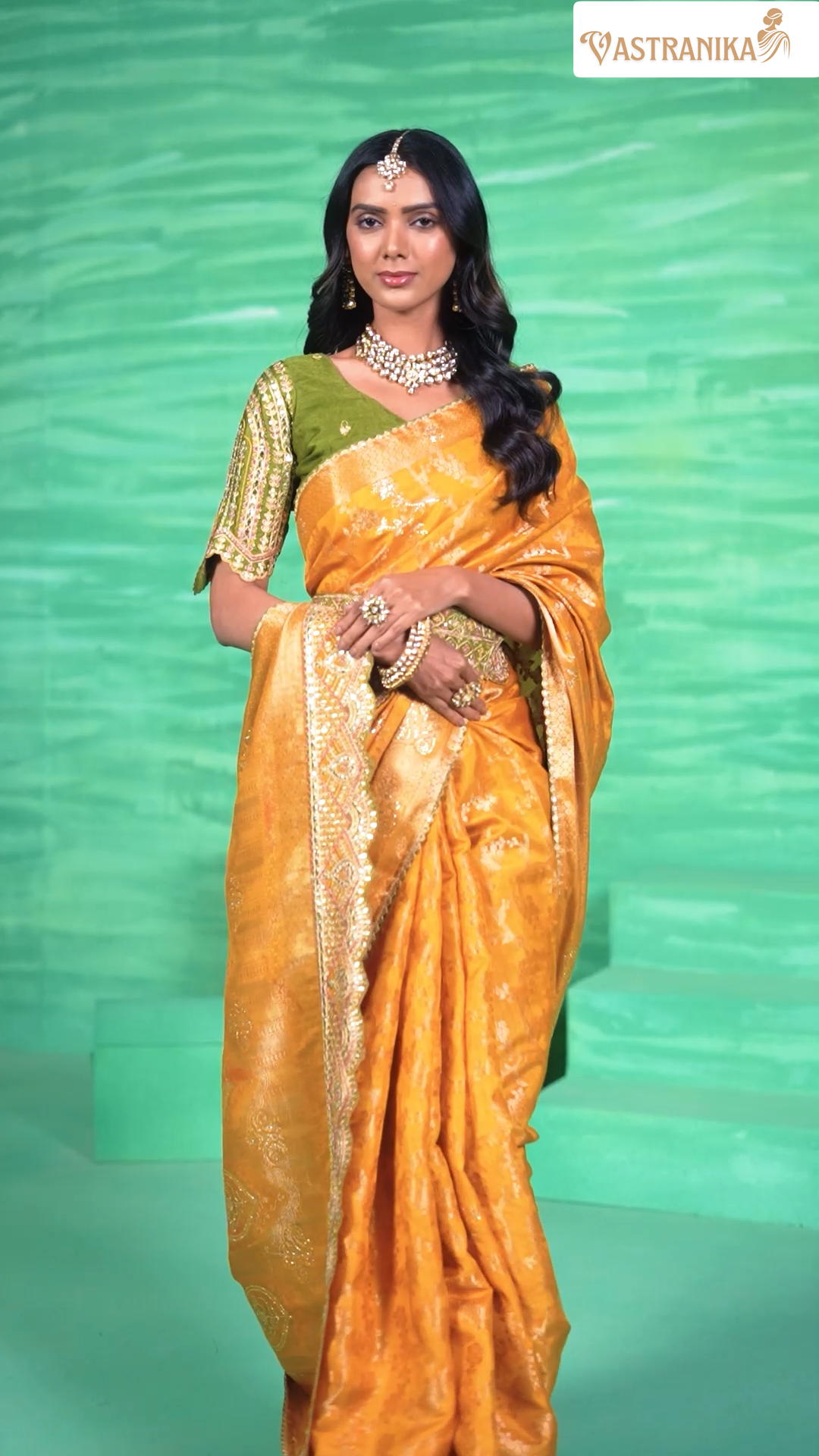 Amber Gold Pure Dola Silk Saree with Olive Green Blouse & Designer Belt 11512  – Raj Kanya Collection | Vastranika
