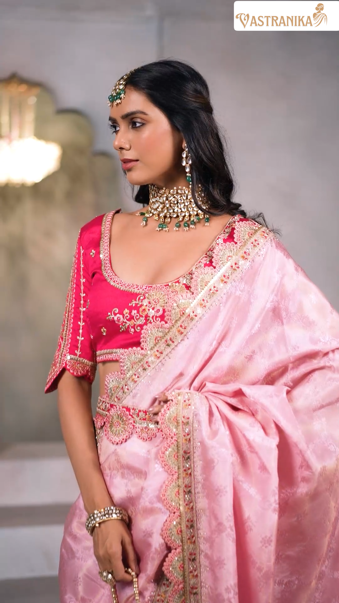 Blush Petal Pink Crepe Silk Saree with Designer Blouse & Hand-Embroidered Purse – by Vastranika 1004
