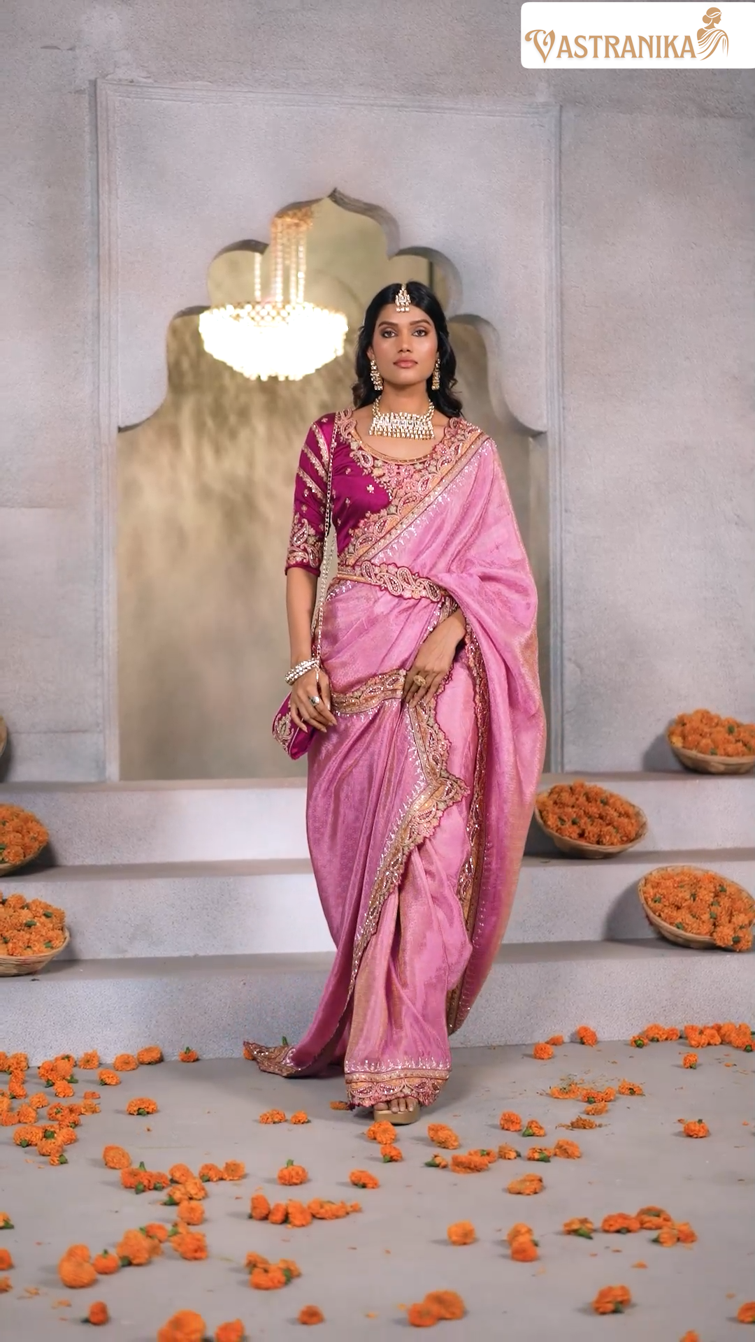 Rose Mauve Jacquard Chinon Crepe Silk Saree with Designer Blouse & Handcrafted Purse – Vastranika 1006