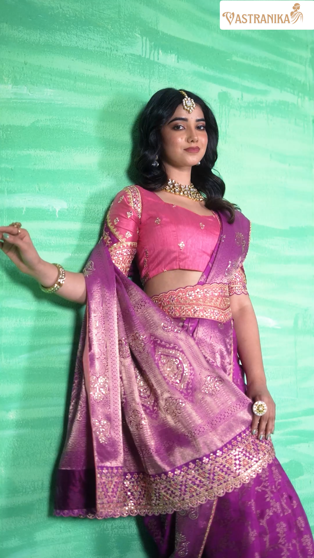 Purple Dola Silk Saree with Pink Contrast Embroidered Blouse & Designer Belt 11514 – Raj Kanya Collection | Vastranika
