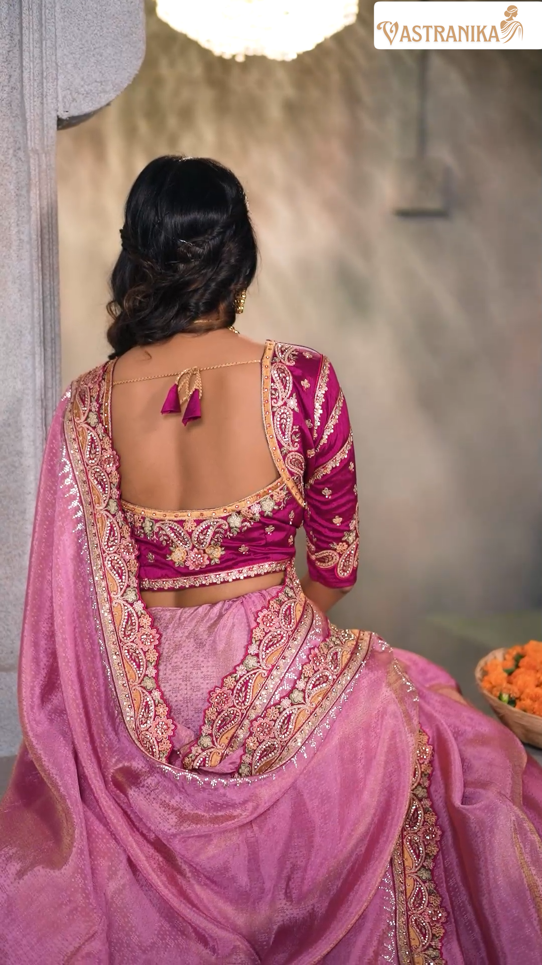 Rose Mauve Jacquard Chinon Crepe Silk Saree with Designer Blouse & Handcrafted Purse – Vastranika 1006