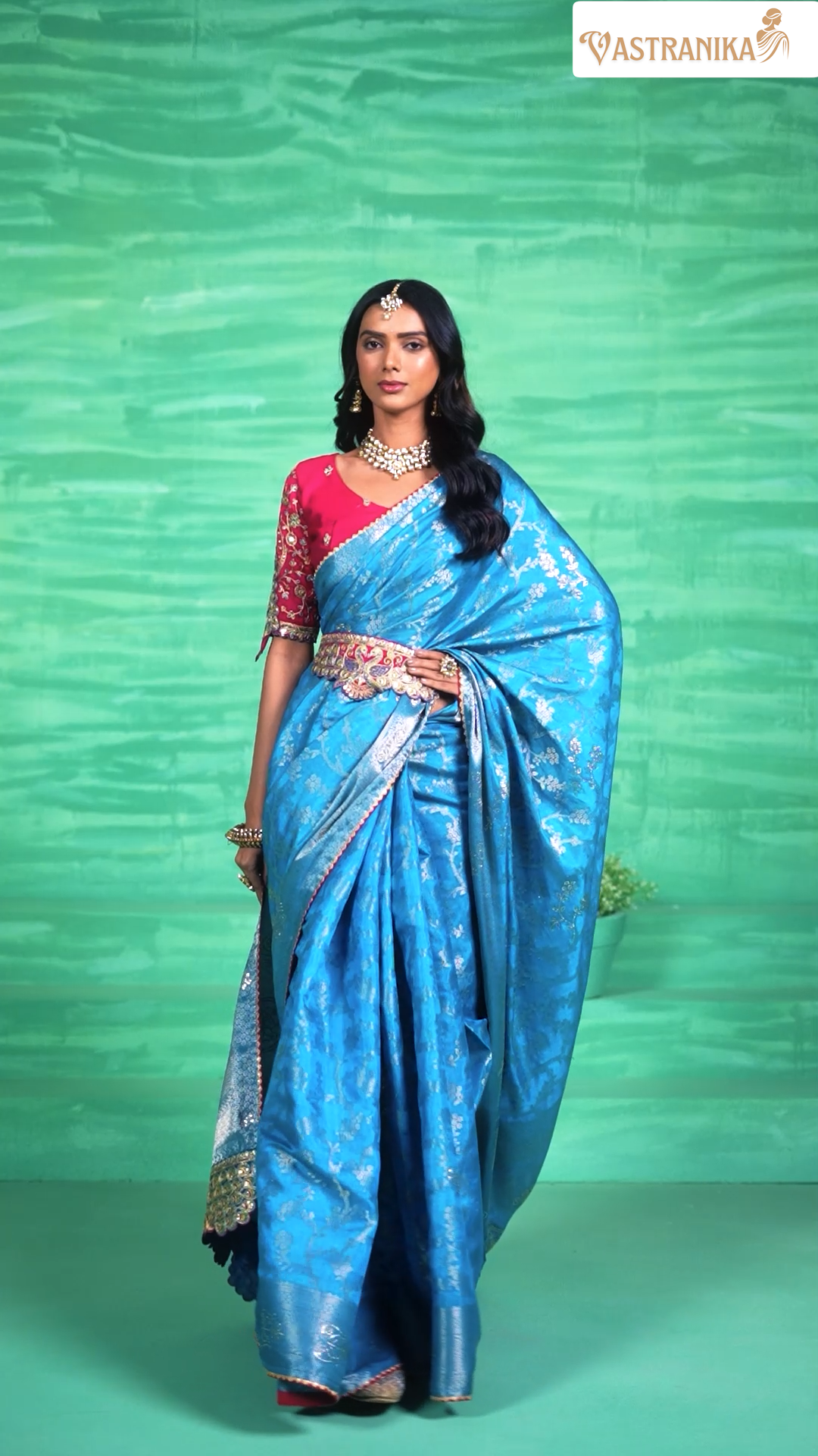 Royal Blue Pure Dola Silk Saree with Contrast Embroidered Blouse & Designer Belt – RajKanya 11513| Vastranika