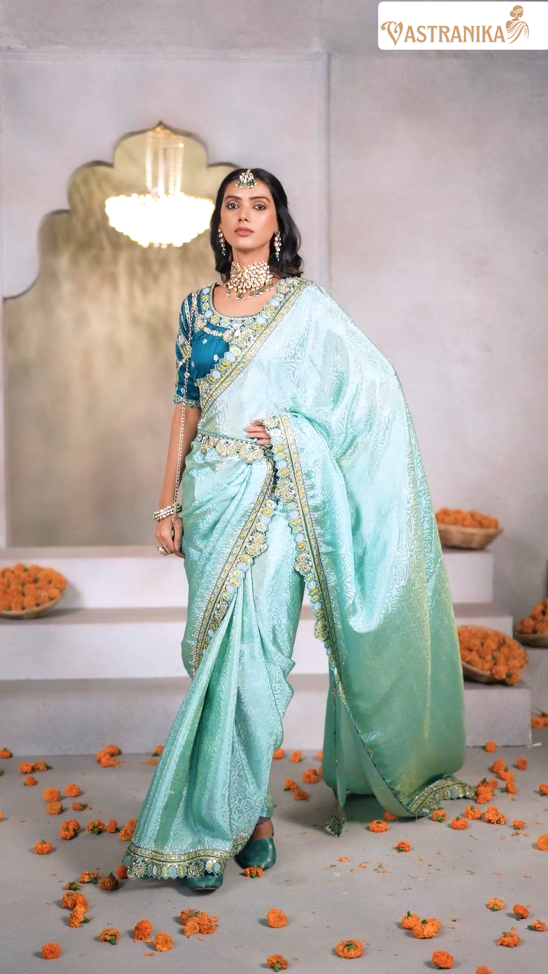 Seafoam Green Jacquard Chinon Crepe Silk Saree with Designer Blouse & Handcrafted Purse – Vastranika 1003