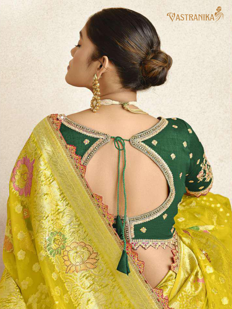 Vastranika Exclusive: Radiant Yellow Premium Tissue Silk Saree with Dual Designer Blouses