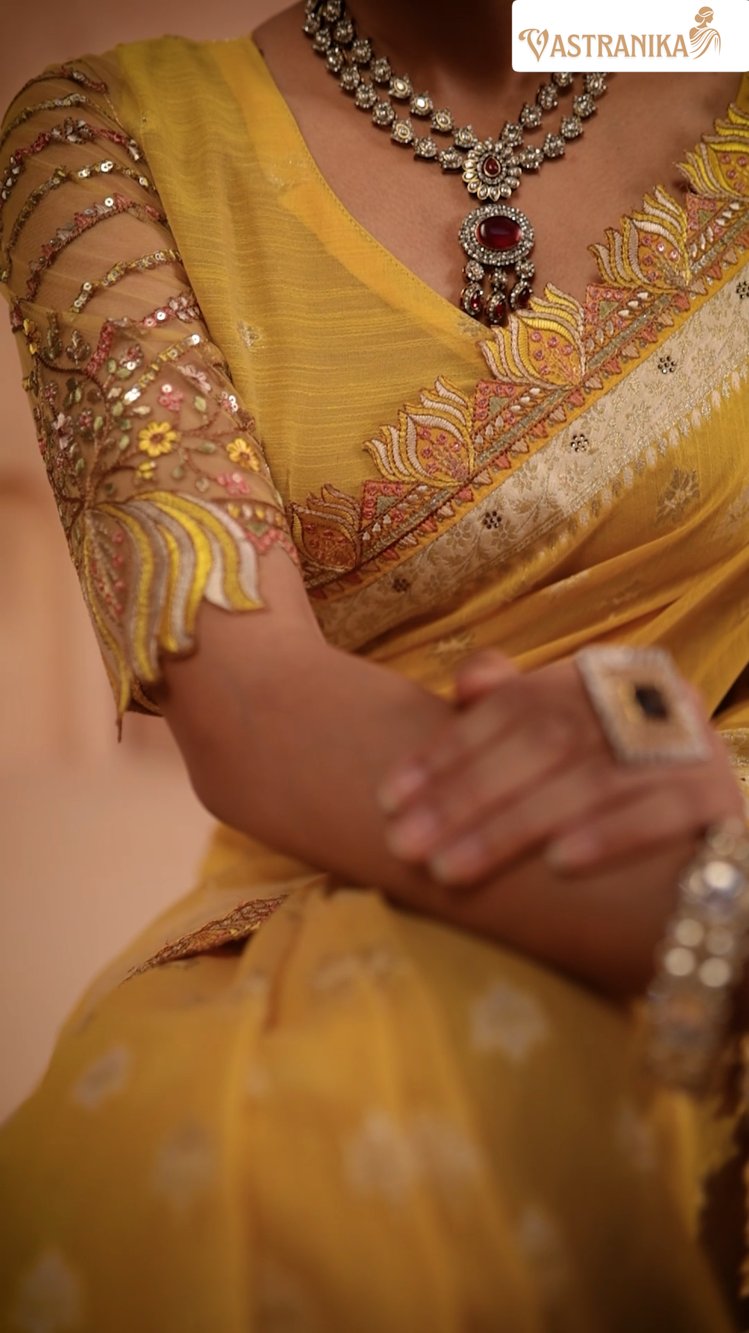 Sunlit Mustard Yellow Khadi Silk Saree with Heavy Embroidered Border & Designer Blouse – Srivalli Collection | Vastranika