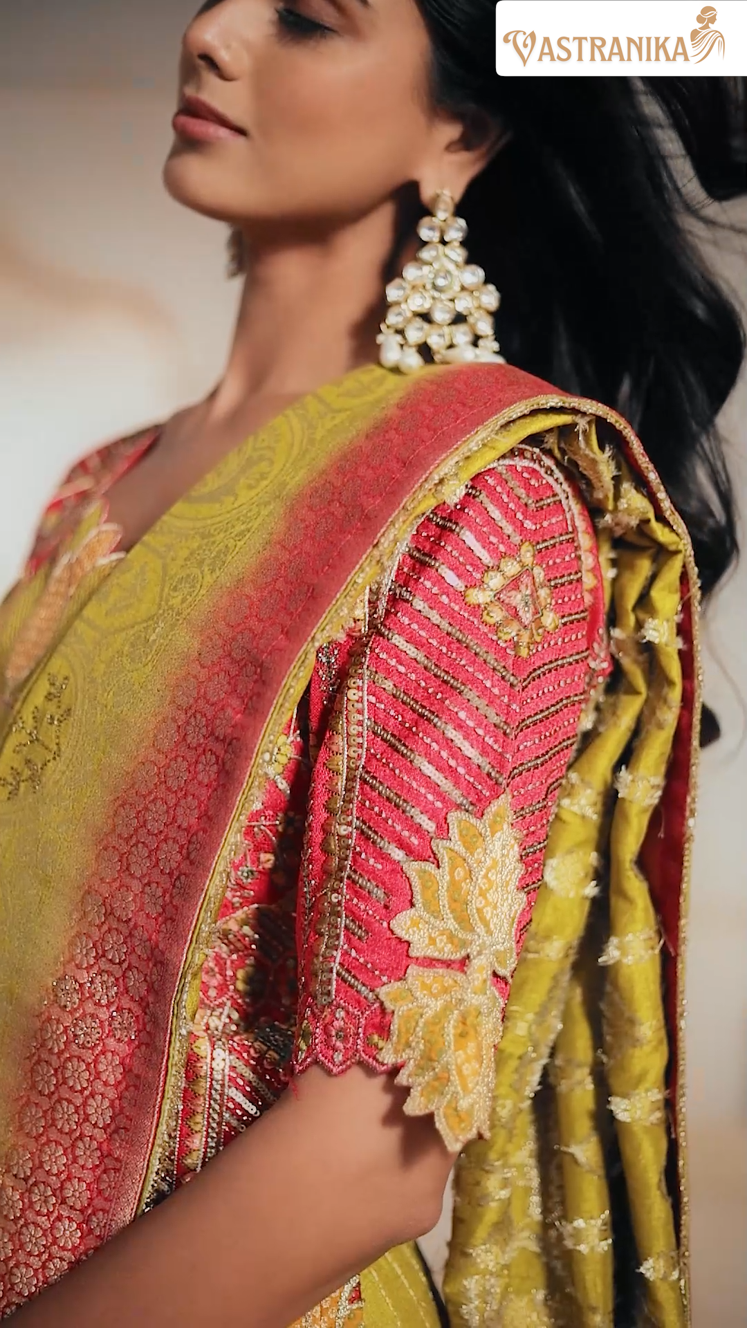 Model wearing olive green premium silk saree with intricate heavy weaving and grand pallu, styled with a contrast designer blouse – from Vastranika's Weaves collection.