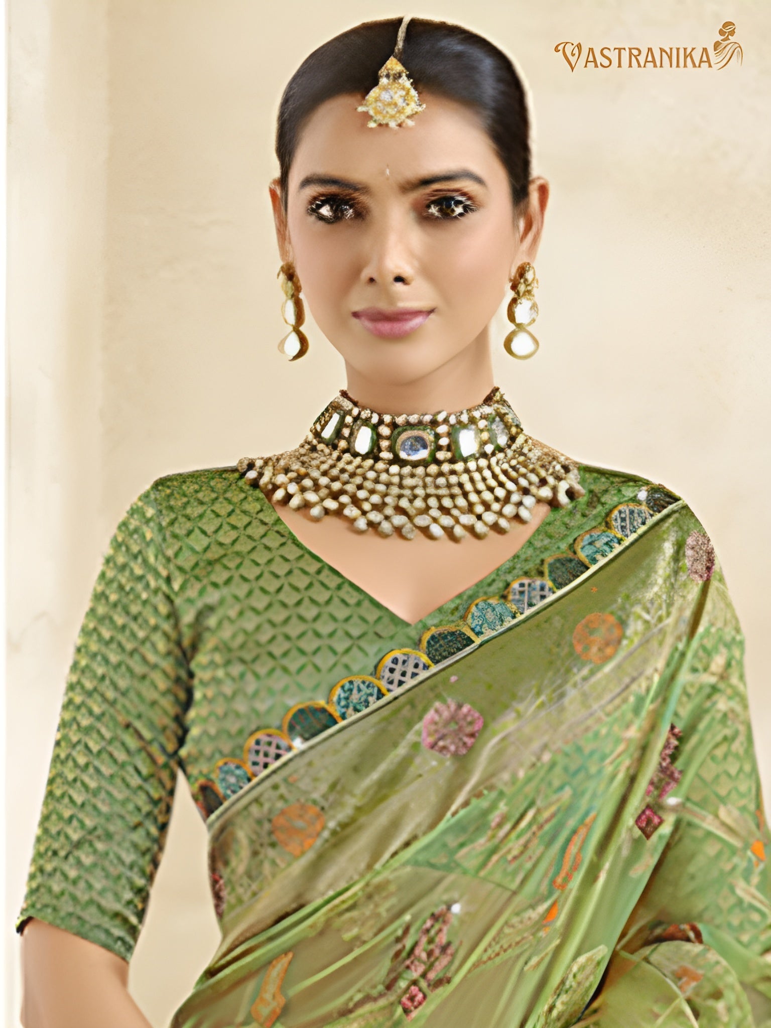 Vastranika Exclusive: Enchanting Green Premium Tissue Silk Saree with Dual Designer Blouses