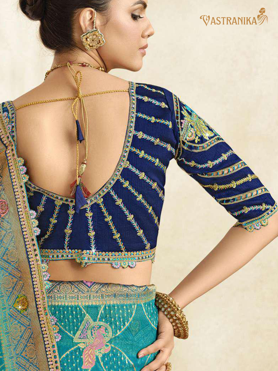 Vastranika Firozi Tissue Silk Saree with Designer & Brocade Blouse
