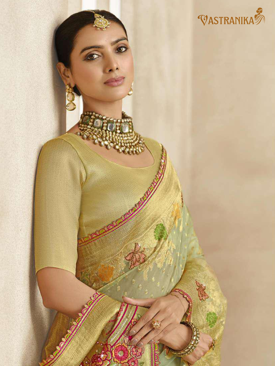 Vastranika Exclusive: Serene Mint Green Premium Tissue Silk Saree with Dual Designer Blouses