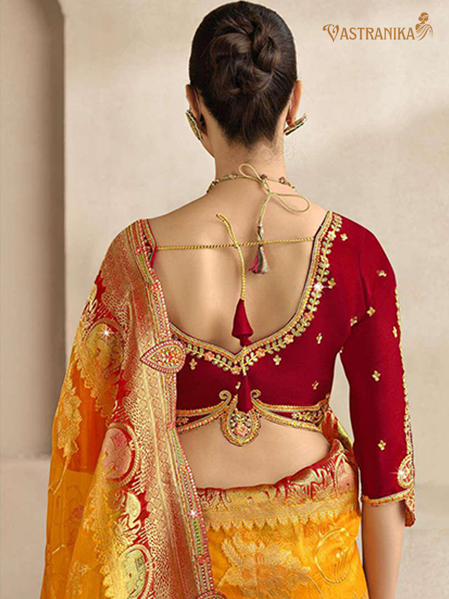 Vastranika Mustard Yellow Tissue Silk Saree with Maroon Embroidered Blouse