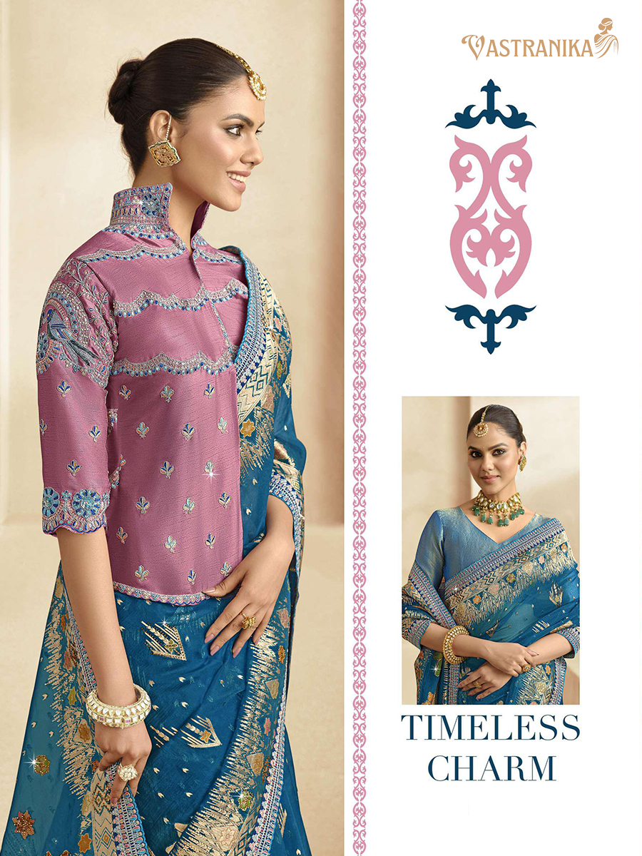Vastranika Exclusive: Majestic Blue Premium Tissue Silk Saree with Dual Designer Blouses
