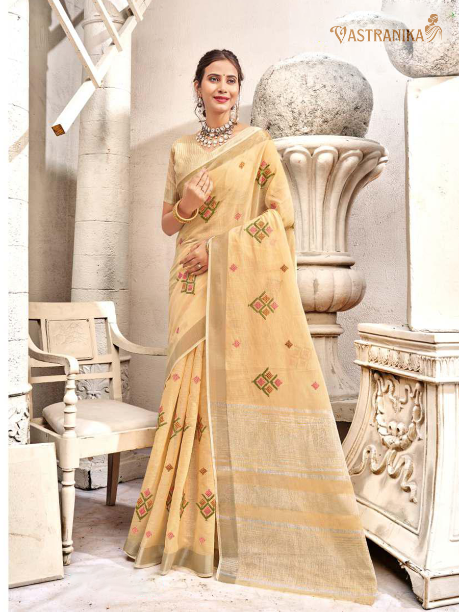 Beige Cotton Liliyan Saree with Multicolor Resham Buttas – by Vastranika