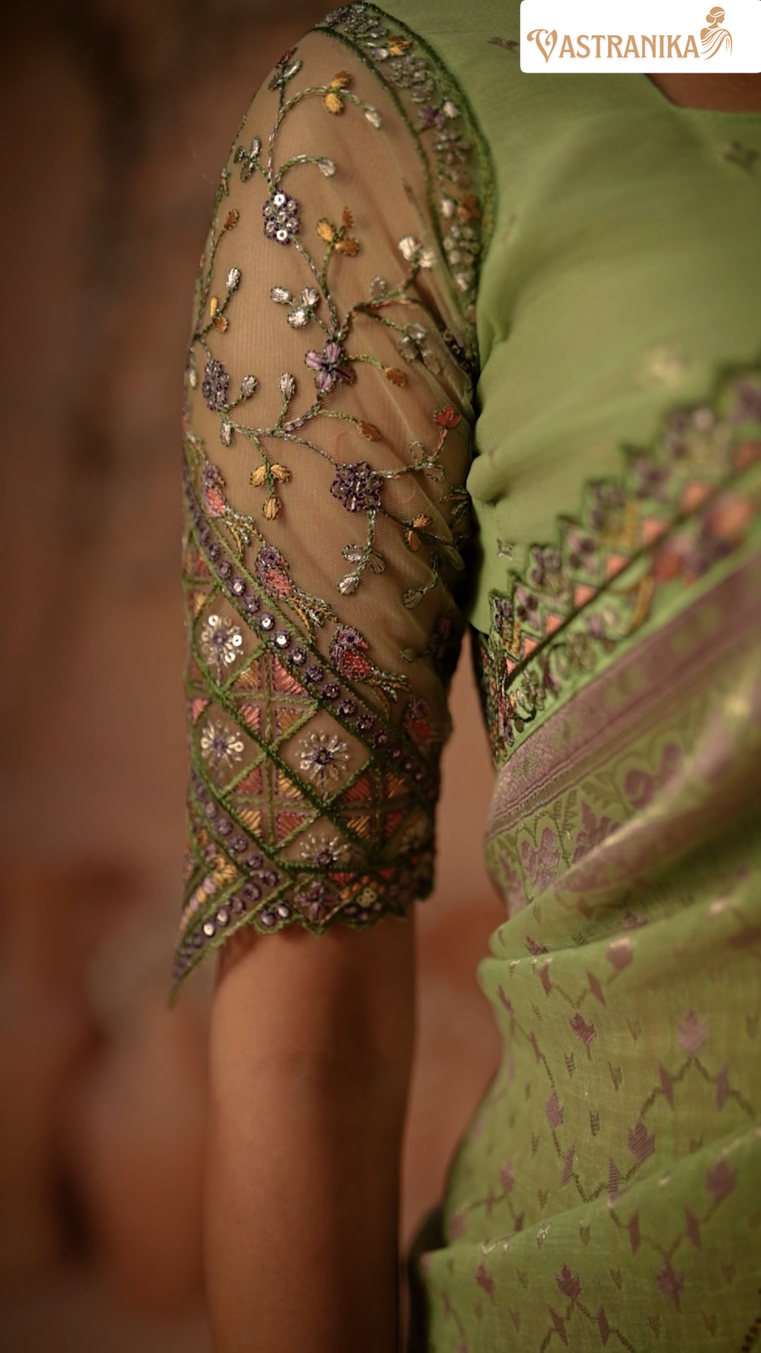 Pastel Pistachio Green Khadi Silk Saree with Heavy Embroidered Border & Blouse – Srivalli Collection | Vastranika