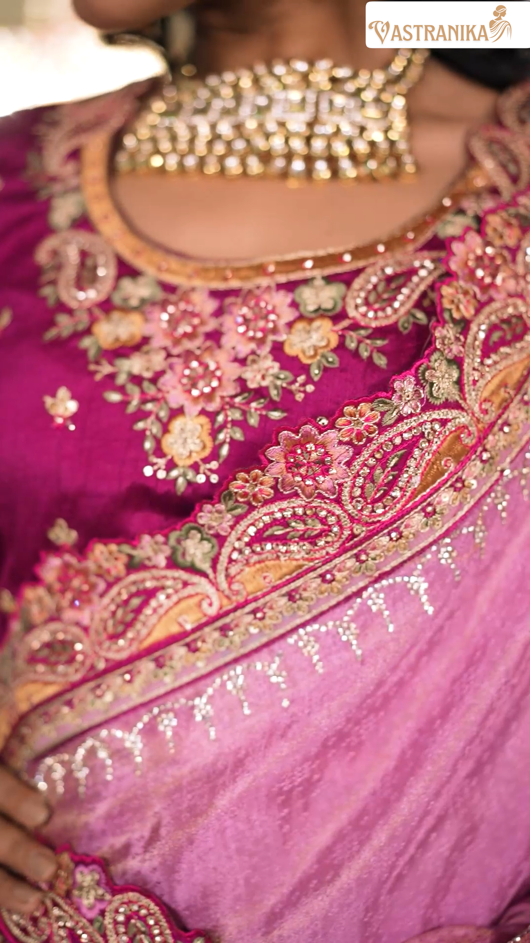 Rose Mauve Jacquard Chinon Crepe Silk Saree with Designer Blouse & Handcrafted Purse – Vastranika 1006