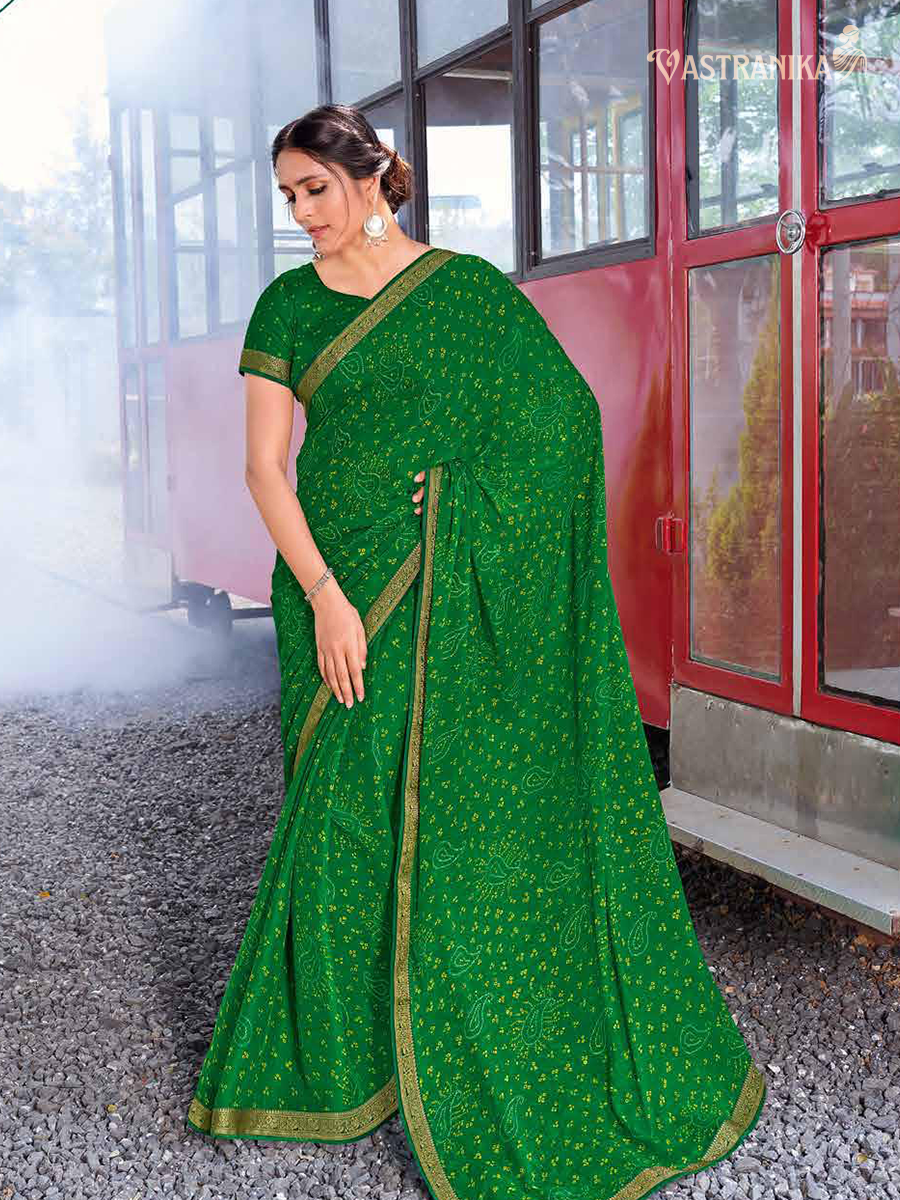 Green moss chiffon saree with Chunri Bandhej print, zari border, and matching blouse – Vastranika 45031 Jaipuri traditional wear

