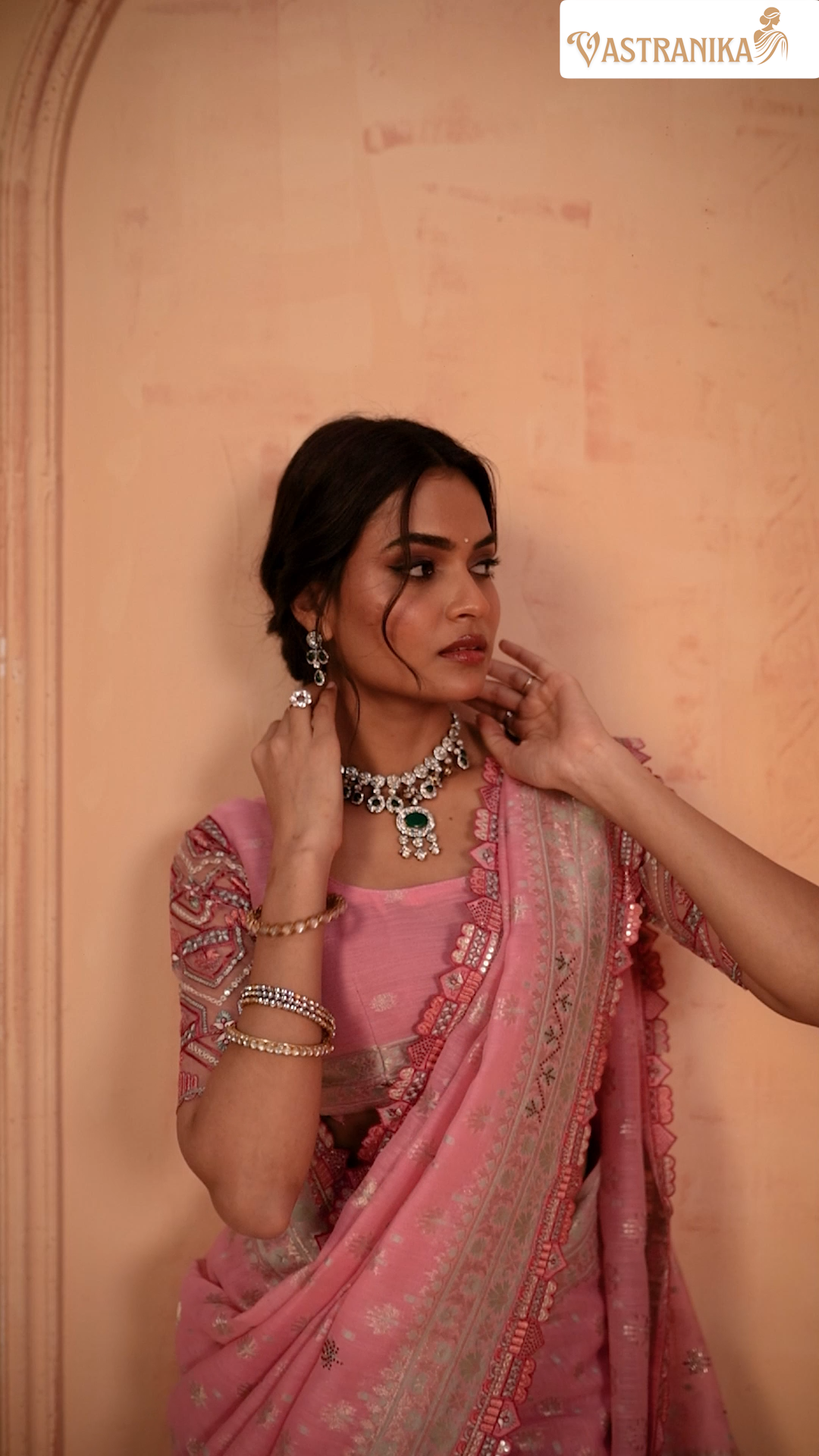 Blush Pink Khadi Silk Saree with Intricate Embroidered Border & Designer Blouse – Srivalli Collection | Vastranika