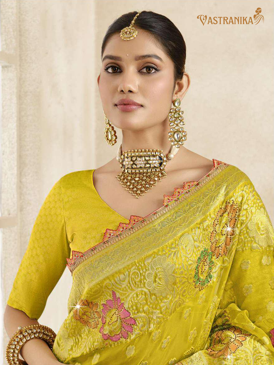 Vastranika Yellow Tissue Silk Saree with Dual Blouse