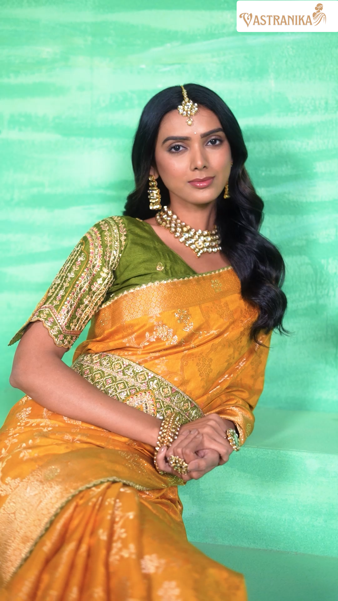 Amber Gold Pure Dola Silk Saree with Olive Green Blouse & Designer Belt 11512  – Raj Kanya Collection | Vastranika
