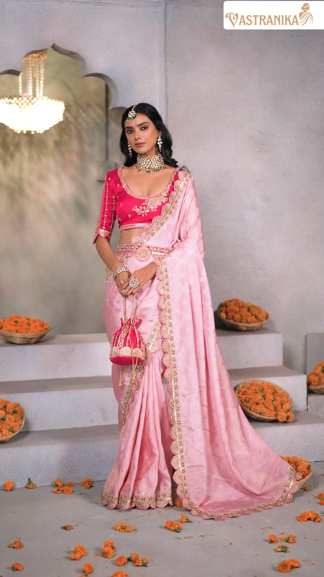 Blush Petal Pink Crepe Silk Saree with Designer Blouse & Hand-Embroidered Purse – by Vastranika 1004