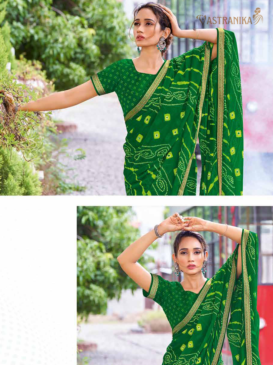 Green moss crepe saree with batik and bandhej patterns, zari border, and printed blouse – Vastranika Design 45033 festive ethnic wear