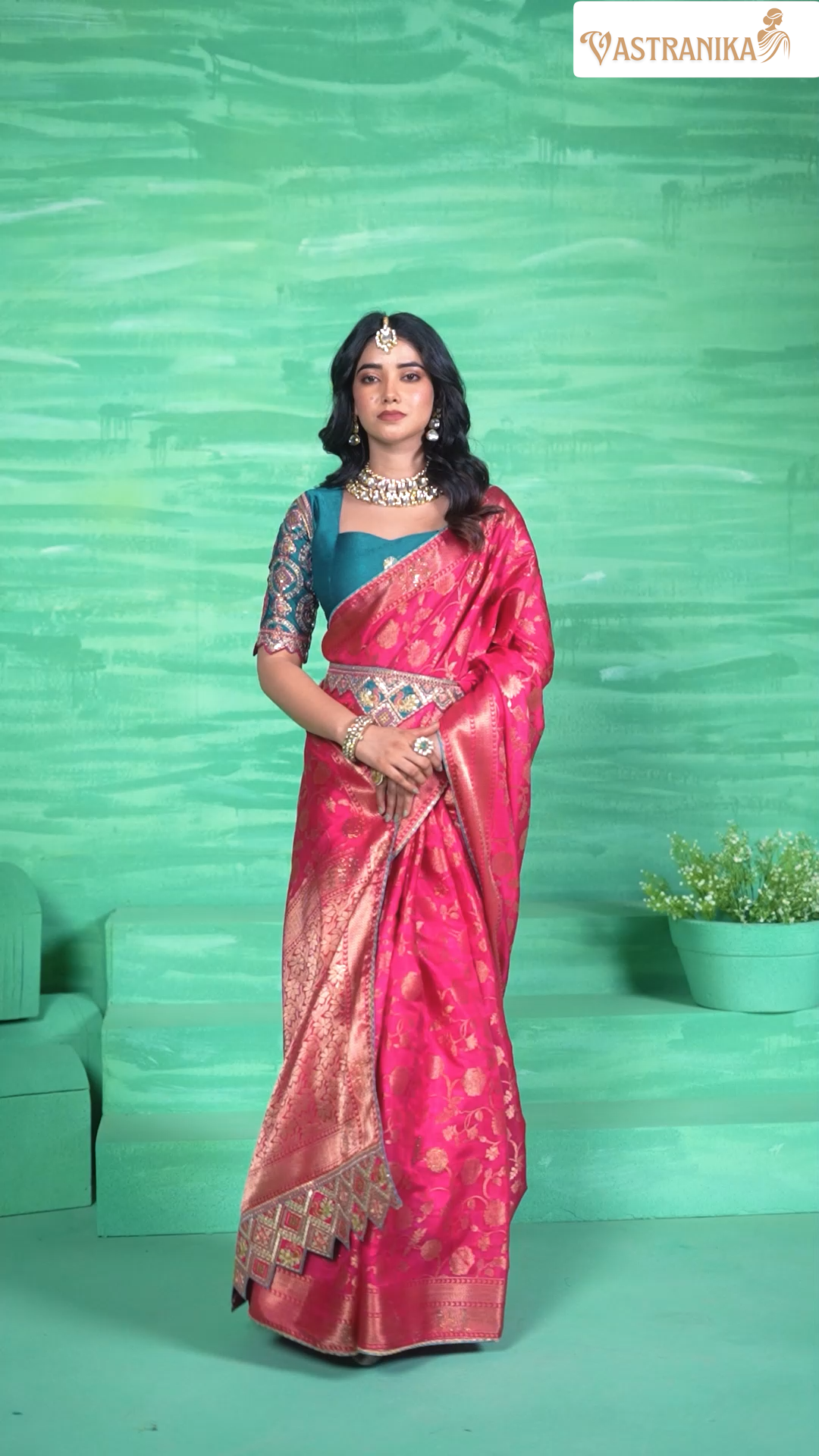 Rani Pink Pure Dola Silk Saree with Teal Blue Blouse & Embroidered Belt 11511  – Raj Kanya Collection | Vastranika