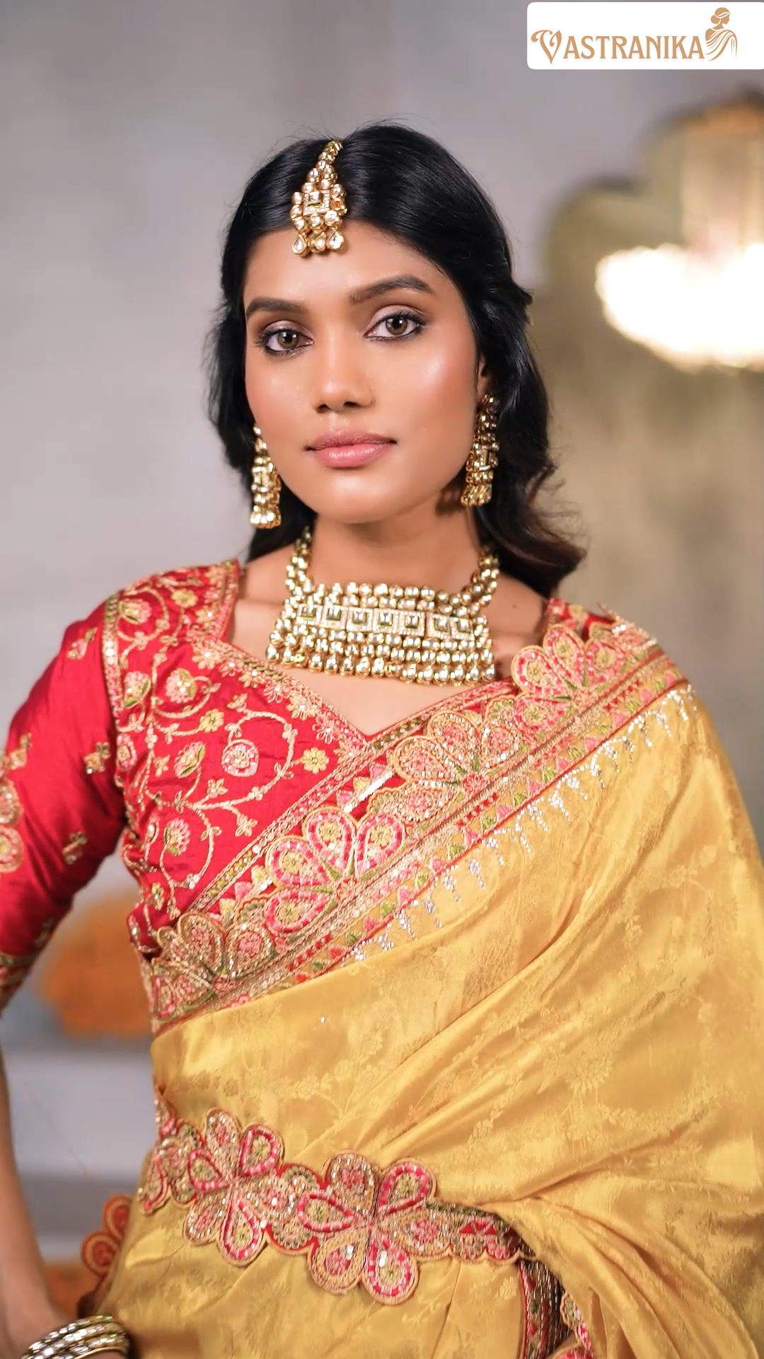 Golden Mustard Jacquard Chinon Crepe Silk Saree with Maroon Blouse & Handcrafted Purse – Vastranika 1002