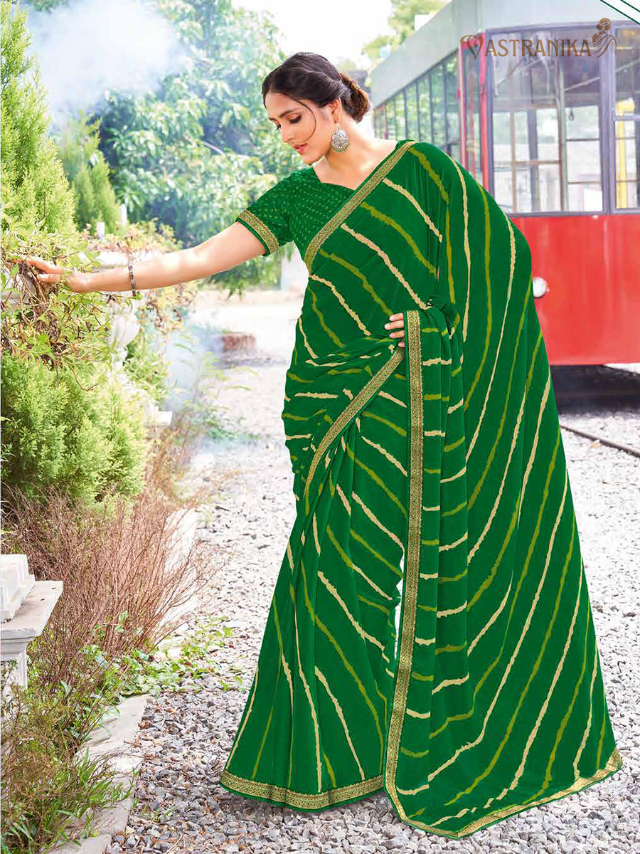 Bold leheriya green moss crepe saree with heavy zari border and printed blouse – Vastranika festive wear collection, Design 45036
