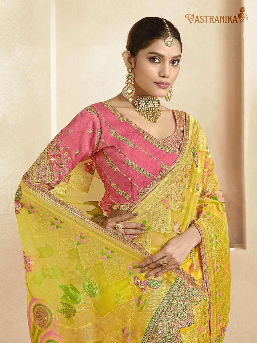 Vastranika Yellow Tissue Silk Saree with Dual Blouse