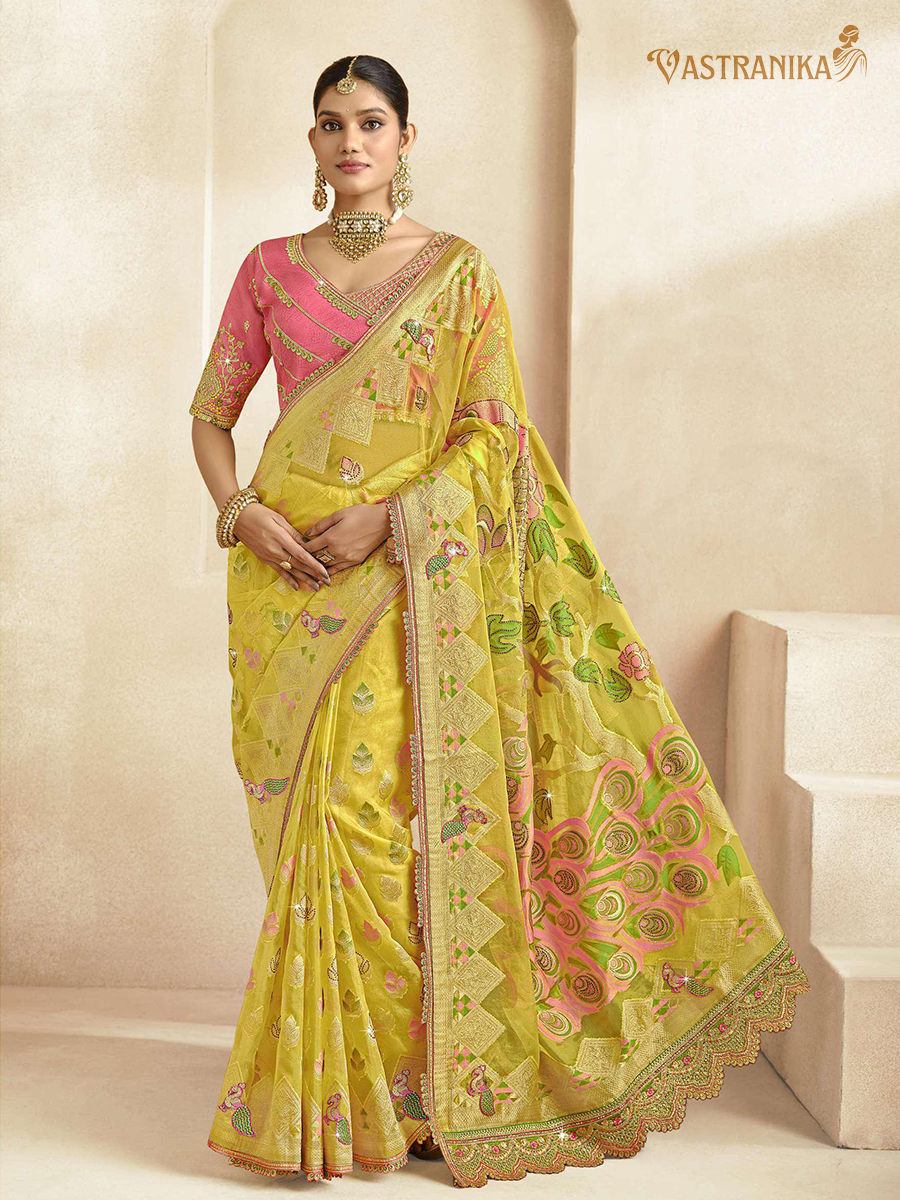 Vastranika Yellow Tissue Silk Saree with Dual Blouse