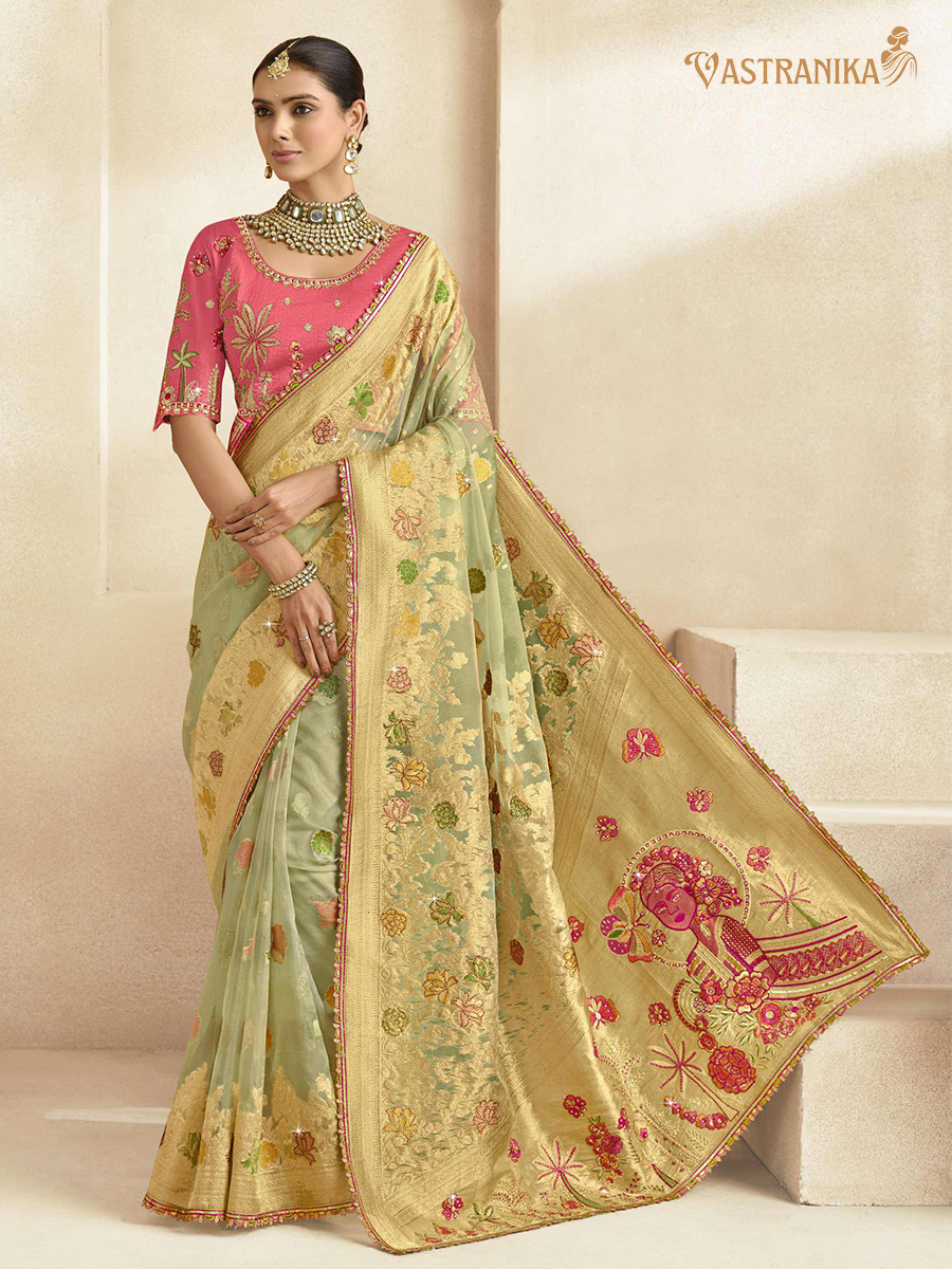 Vastranika Exclusive: Serene Mint Green Premium Tissue Silk Saree with Dual Designer Blouses