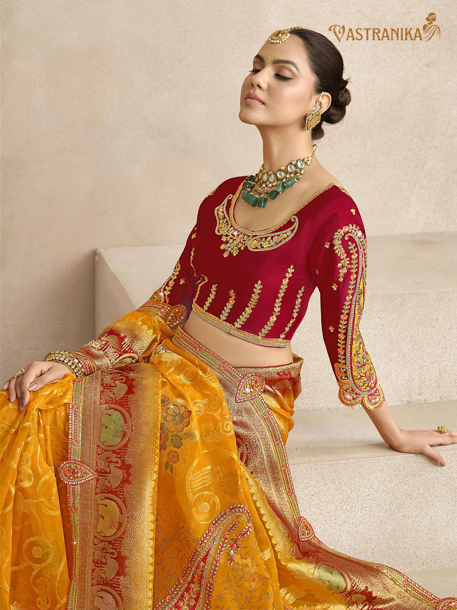 Vastranika Mustard Yellow Tissue Silk Saree with Maroon Embroidered Blouse