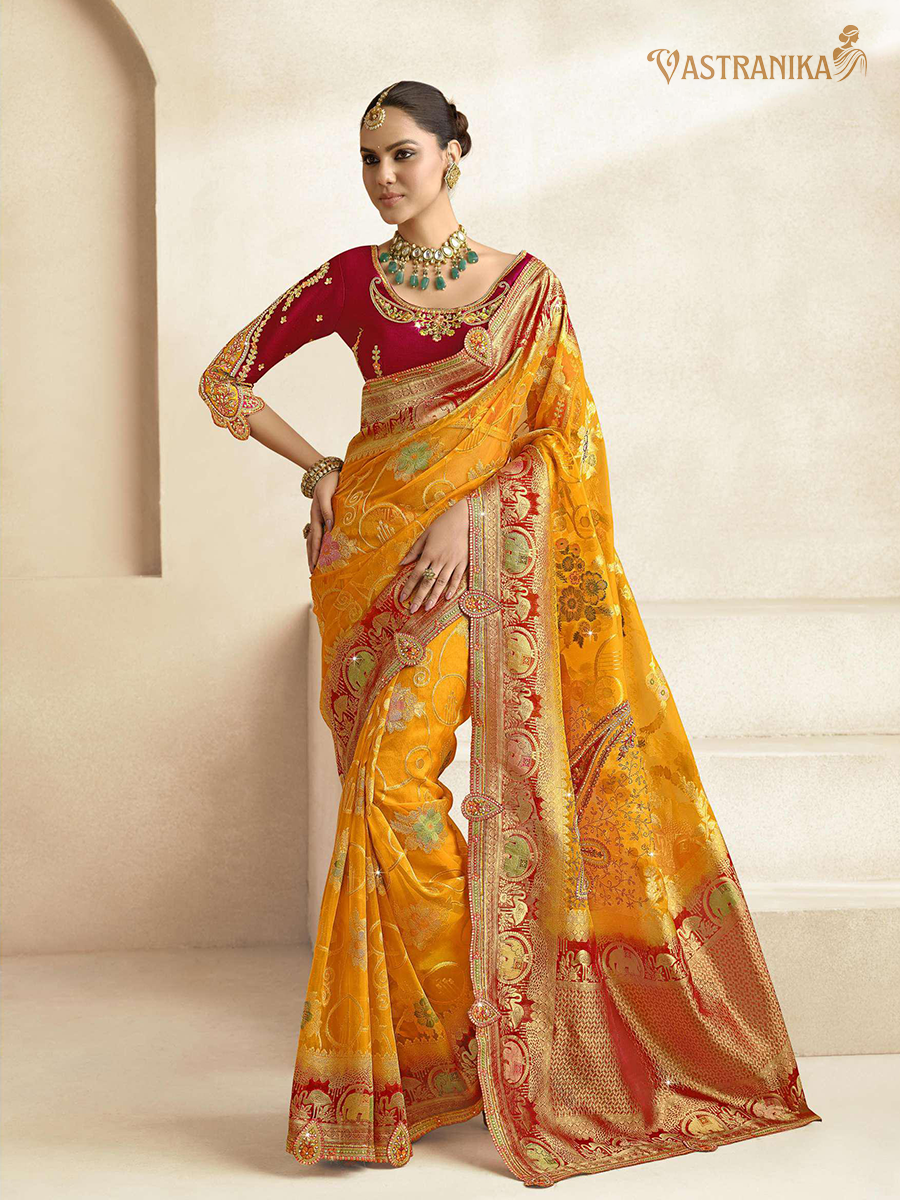 Vastranika Mustard Yellow Tissue Silk Saree with Maroon Embroidered Blouse