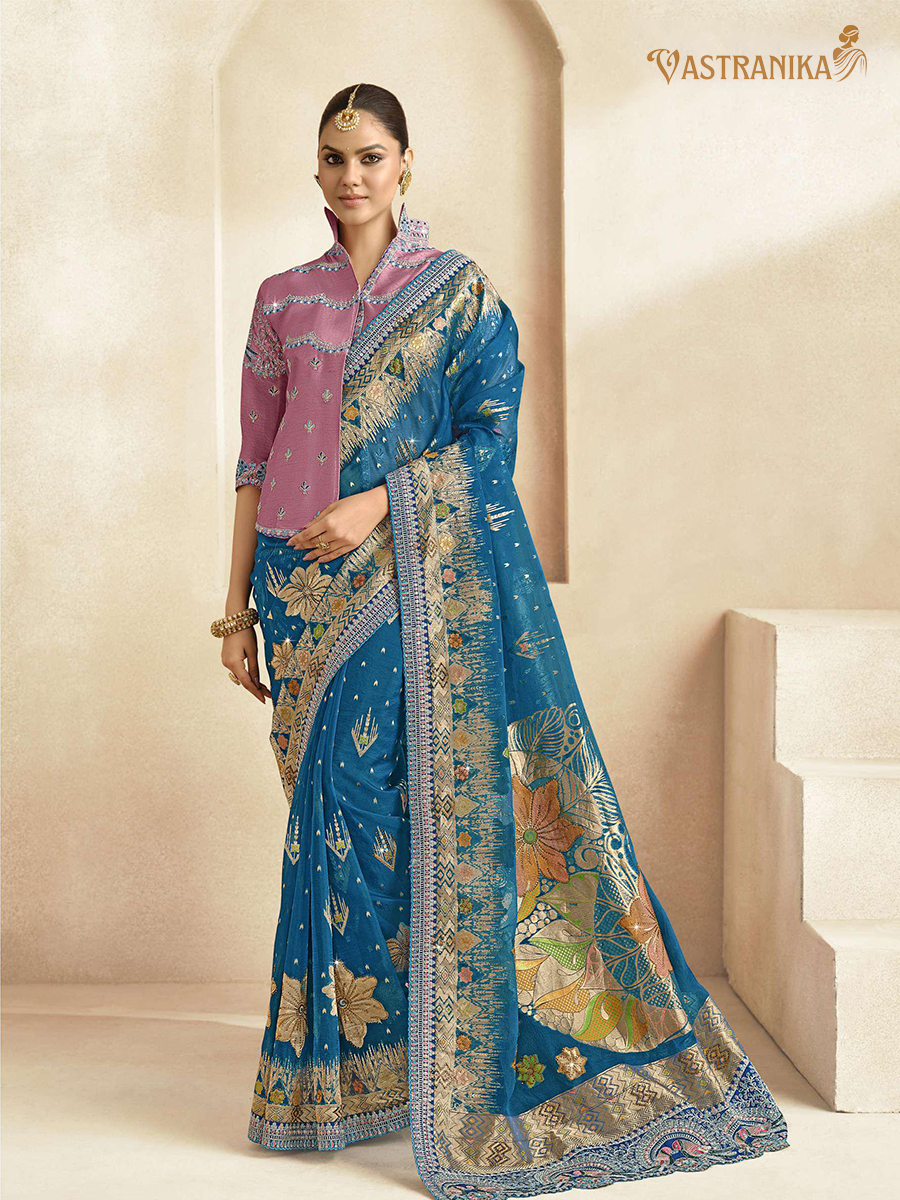 Vastranika Exclusive: Majestic Blue Premium Tissue Silk Saree with Dual Designer Blouses
