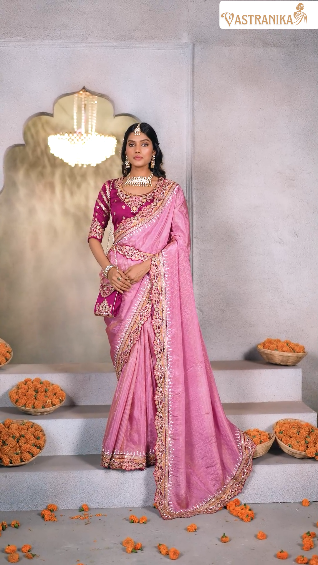 Rose Mauve Jacquard Chinon Crepe Silk Saree with Designer Blouse & Handcrafted Purse – Vastranika 1006