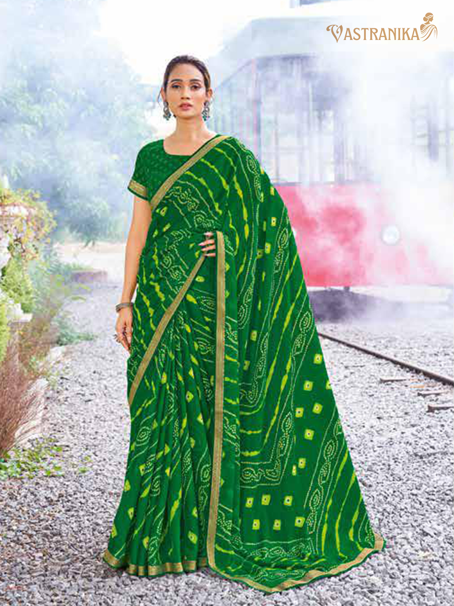Green moss crepe saree with batik and bandhej patterns, zari border, and printed blouse – Vastranika Design 45033 festive ethnic wear