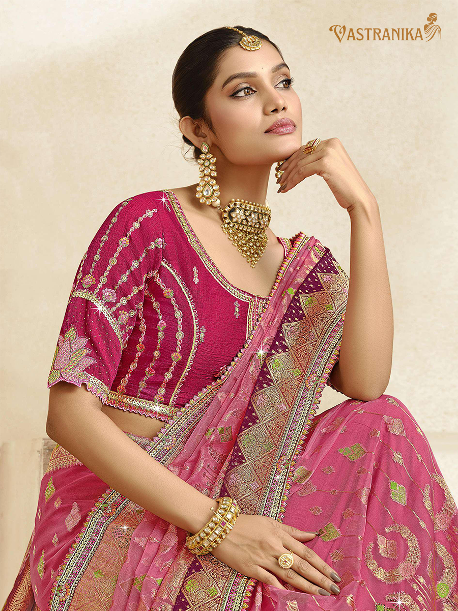Vastranika Rose Pink Tissue Silk Saree with Magenta Embroidered Blouse
