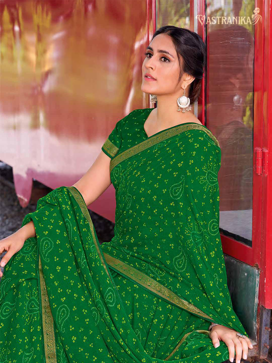 Green moss chiffon saree with Chunri Bandhej print, zari border, and matching blouse – Vastranika 45031 Jaipuri traditional wear

