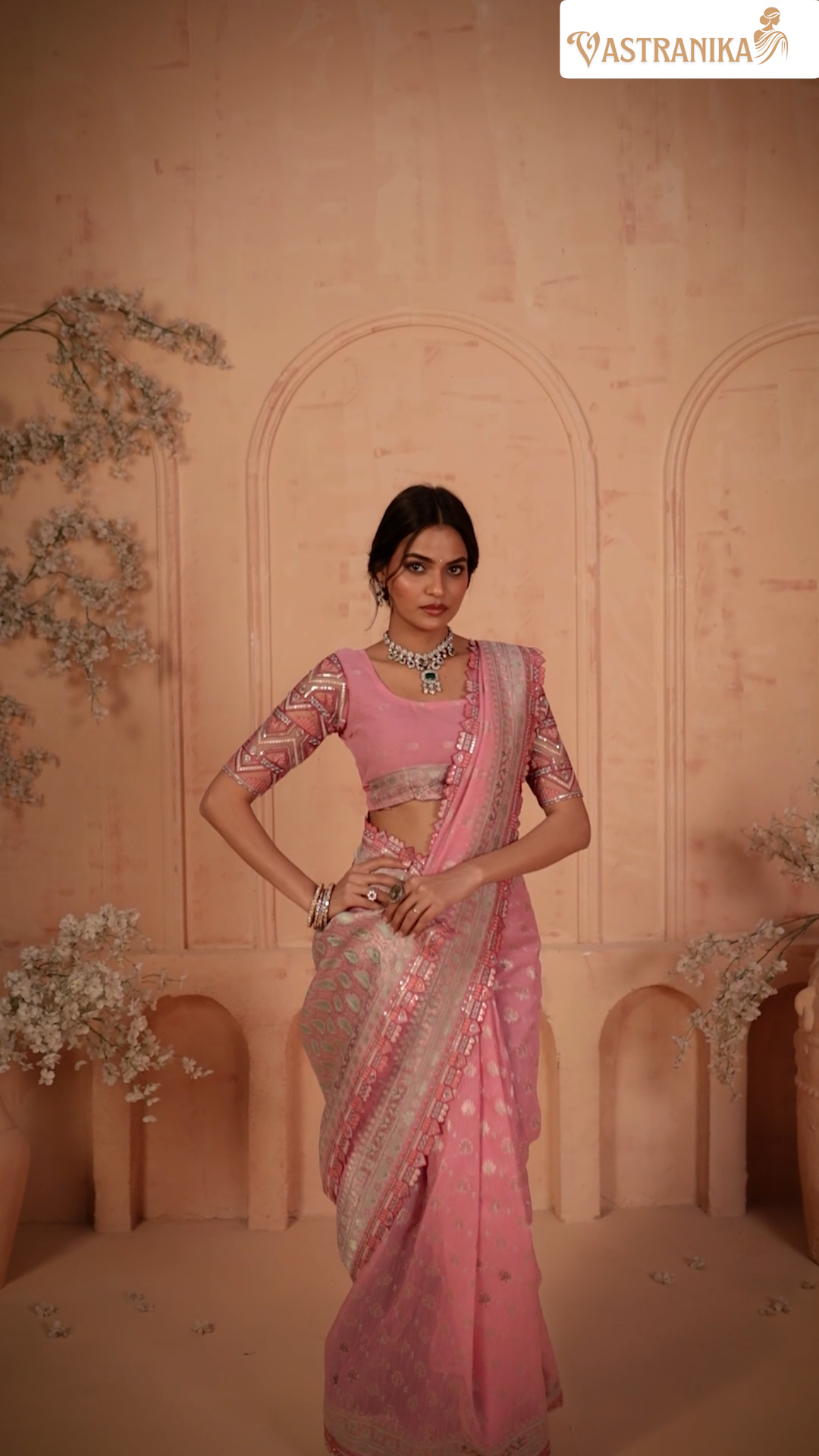 Blush Pink Khadi Silk Saree with Intricate Embroidered Border & Designer Blouse – Srivalli Collection | Vastranika