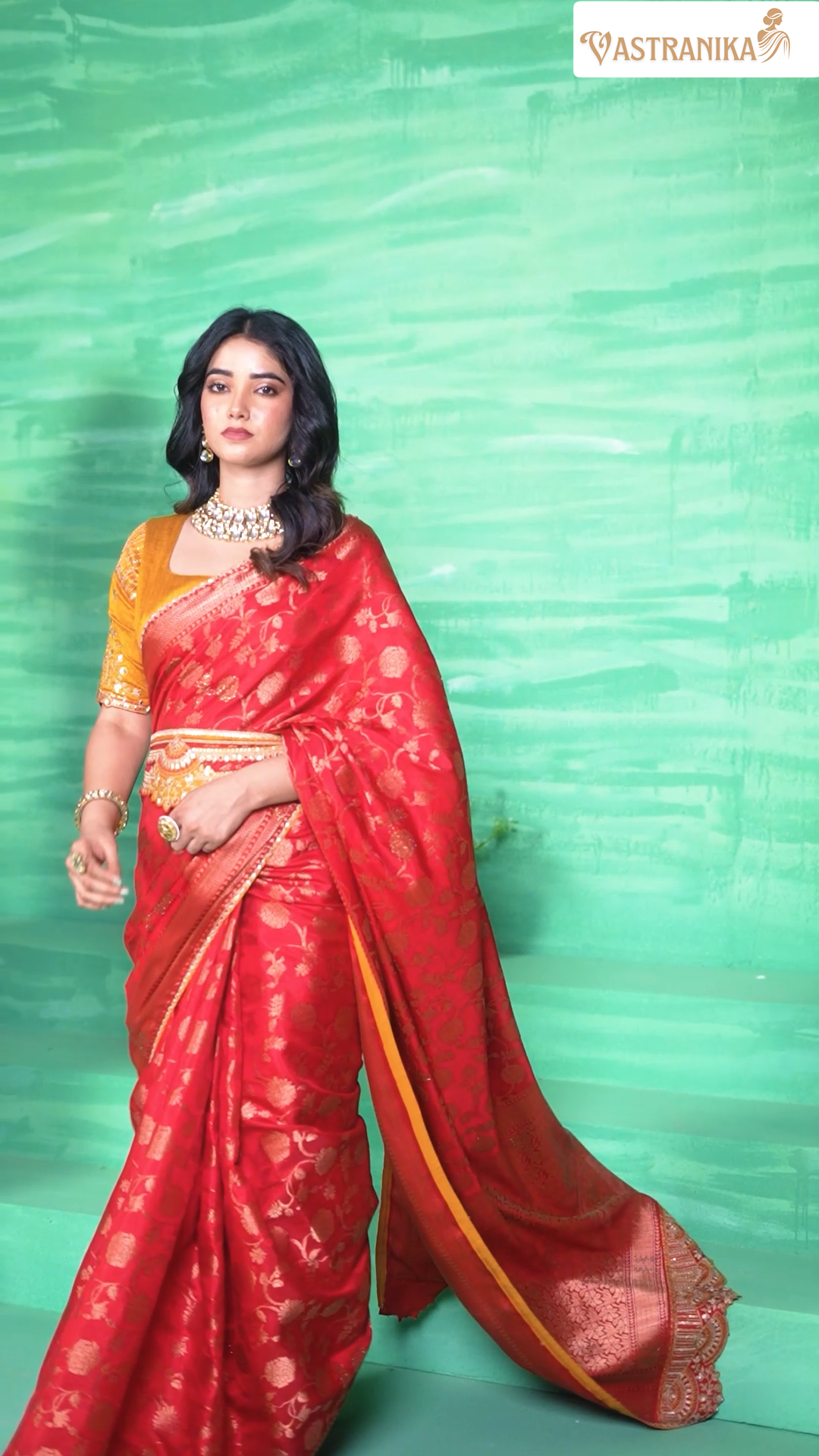 Crimson Red Pure Dola Silk Saree with Mustard Yellow Blouse & Designer Belt  11516 – Raj Kanya Collection | Vastranika