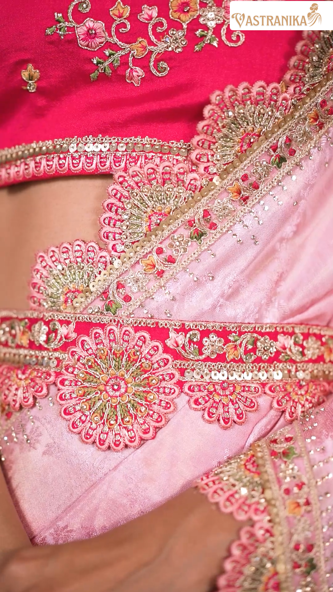 Blush Petal Pink Crepe Silk Saree with Designer Blouse & Hand-Embroidered Purse – by Vastranika 1004