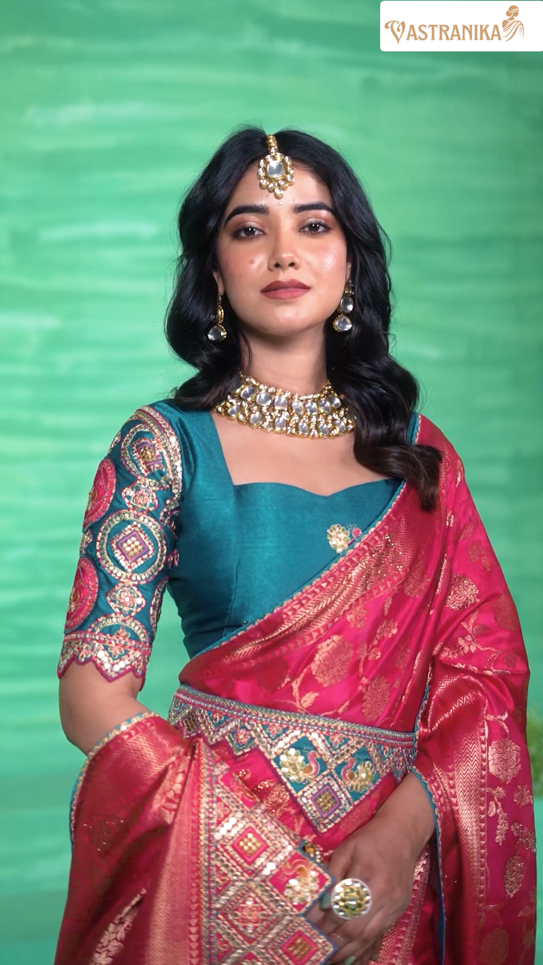 Rani Pink Pure Dola Silk Saree with Teal Blue Blouse & Embroidered Belt 11511  – Raj Kanya Collection | Vastranika