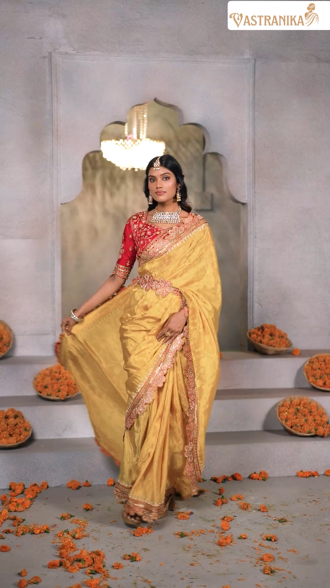 Golden Mustard Jacquard Chinon Crepe Silk Saree with Maroon Blouse & Handcrafted Purse – Vastranika 1002