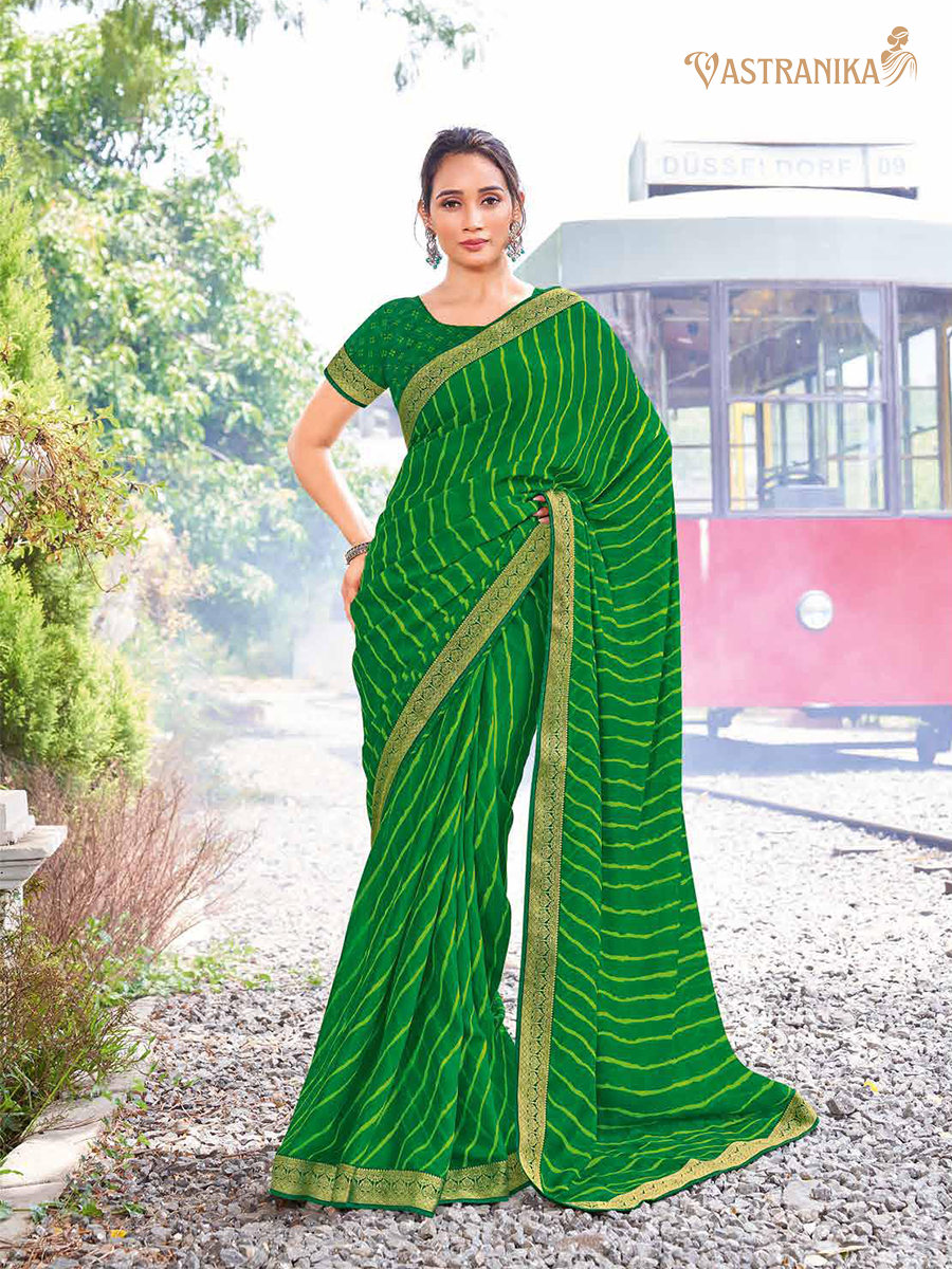 Bold leheriya green moss crepe saree with zari border and printed blouse – Vastranika Sawan festive collection, Design 45035