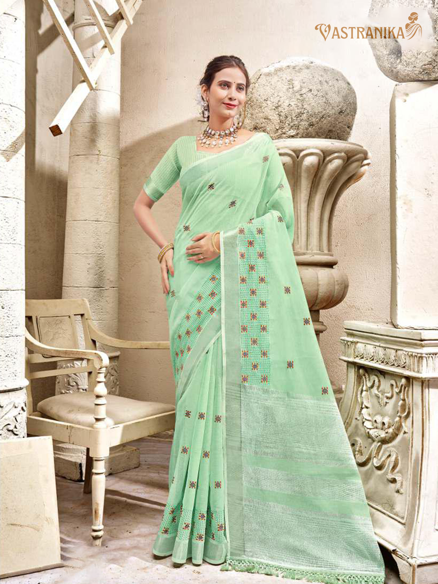 Light Mint Green Cotton Liliyan Saree with Resham Butti Work