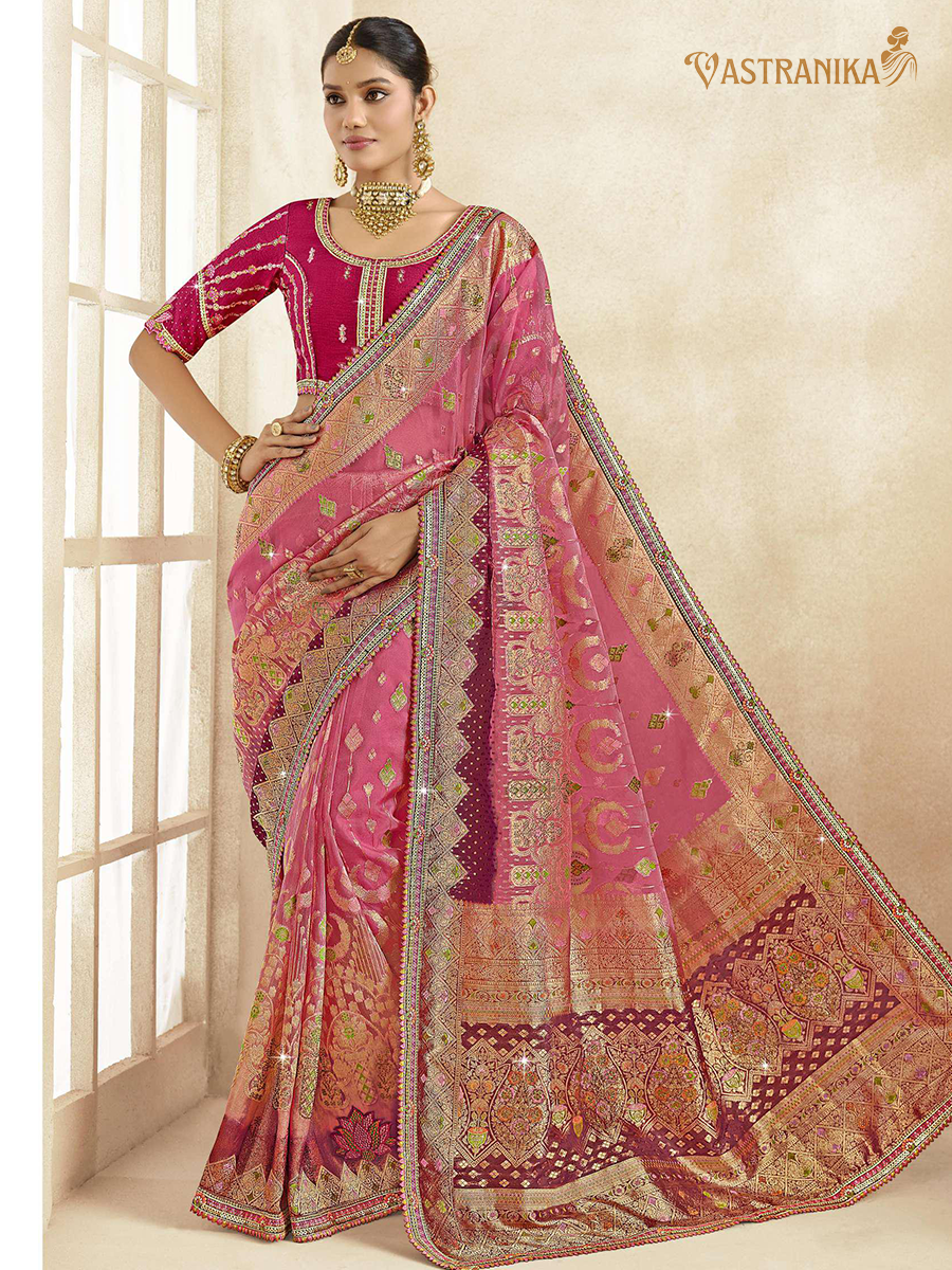 Vastranika Rose Pink Tissue Silk Saree with Magenta Embroidered Blouse