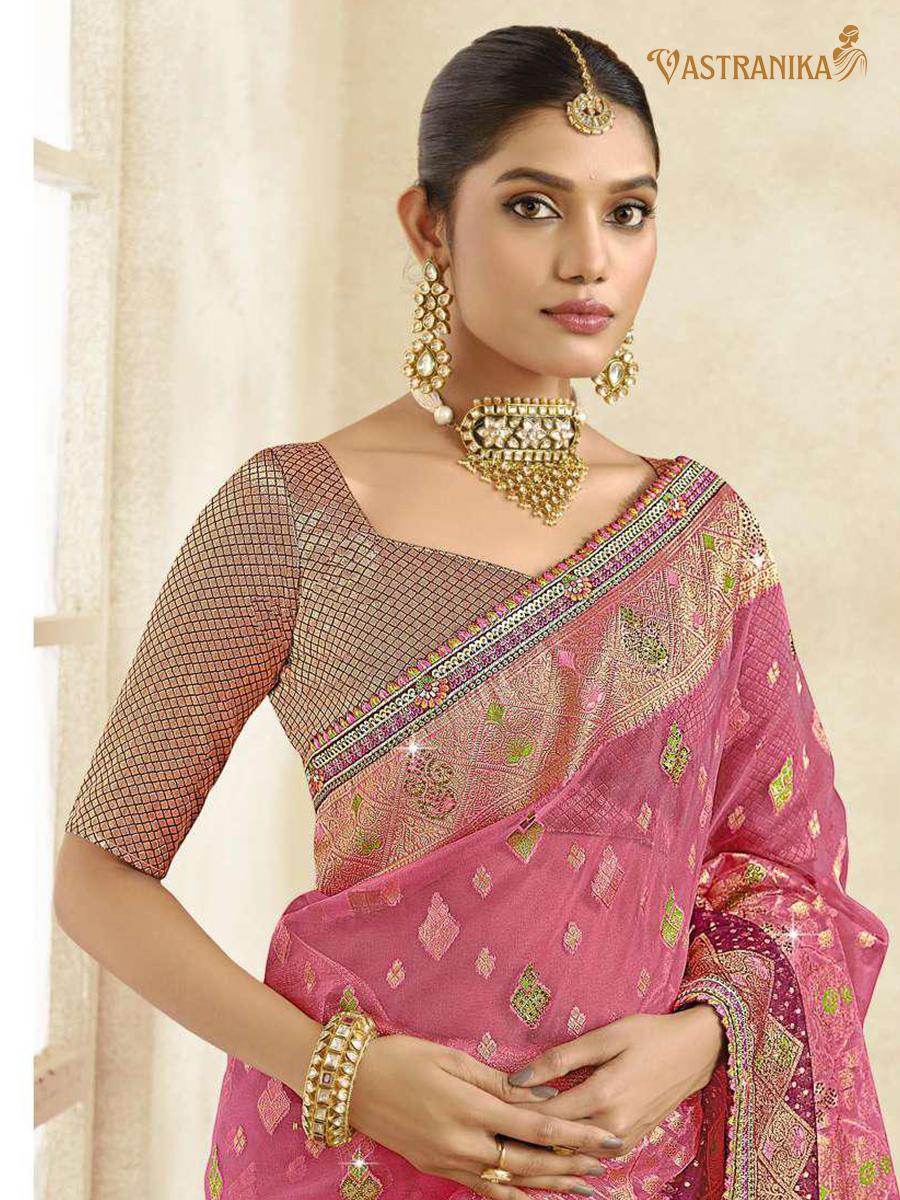 Vastranika Rose Pink Tissue Silk Saree with Magenta Embroidered Blouse