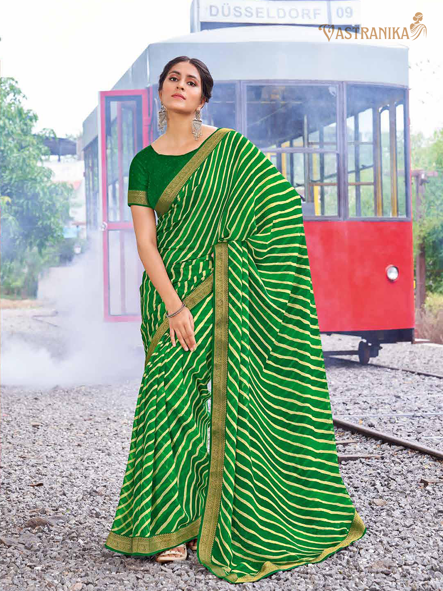 Vibrant green moss crepe saree with bold leheriya print, heavy zari border, and printed blouse – Vastranika Sawan festive edit, Design 45038
