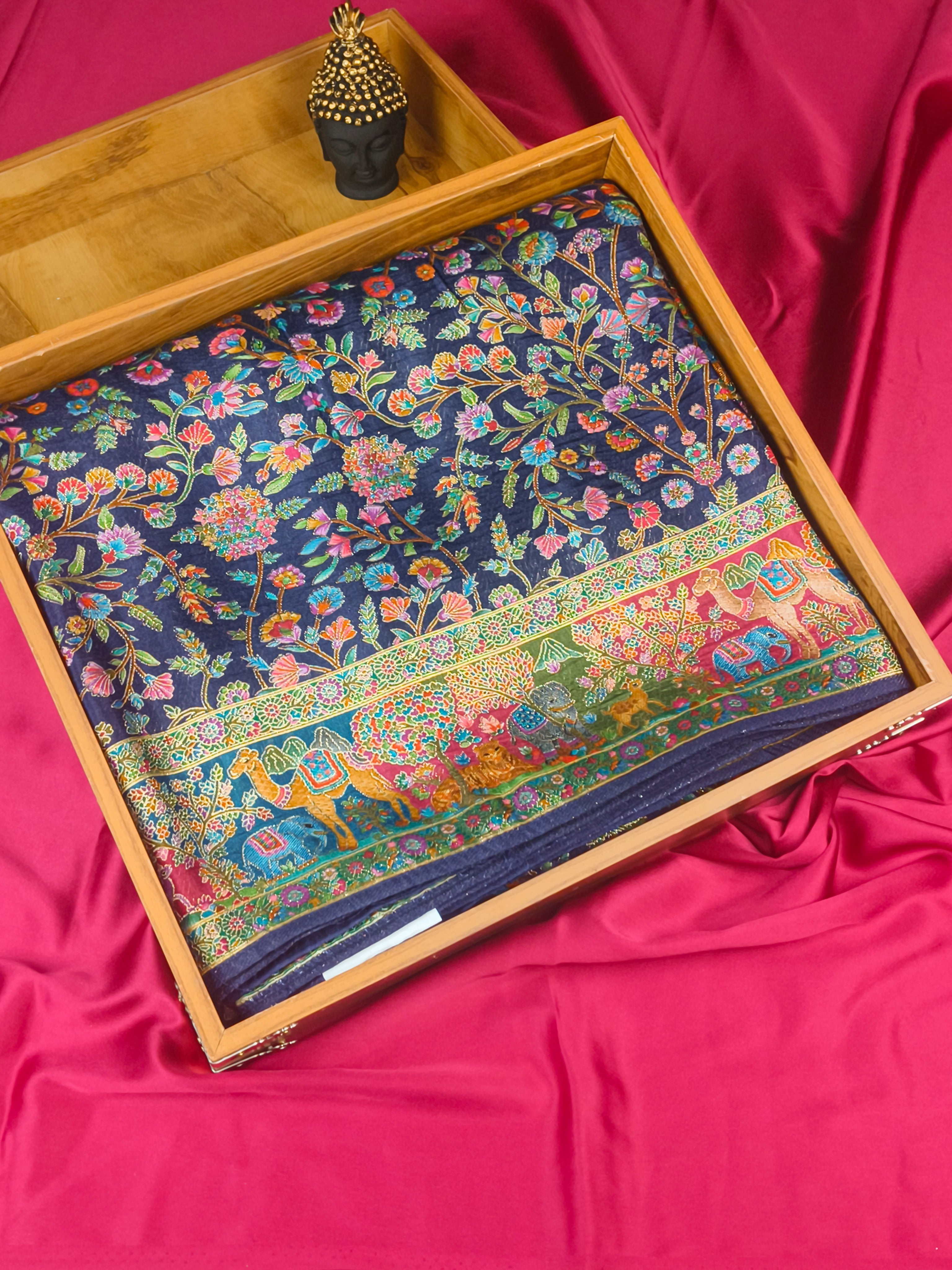 Royal Navy Blue Pure Pashmina Silk Full Khaddi Multicolored Weave With Enchanted Motifs By VASTRANIKA