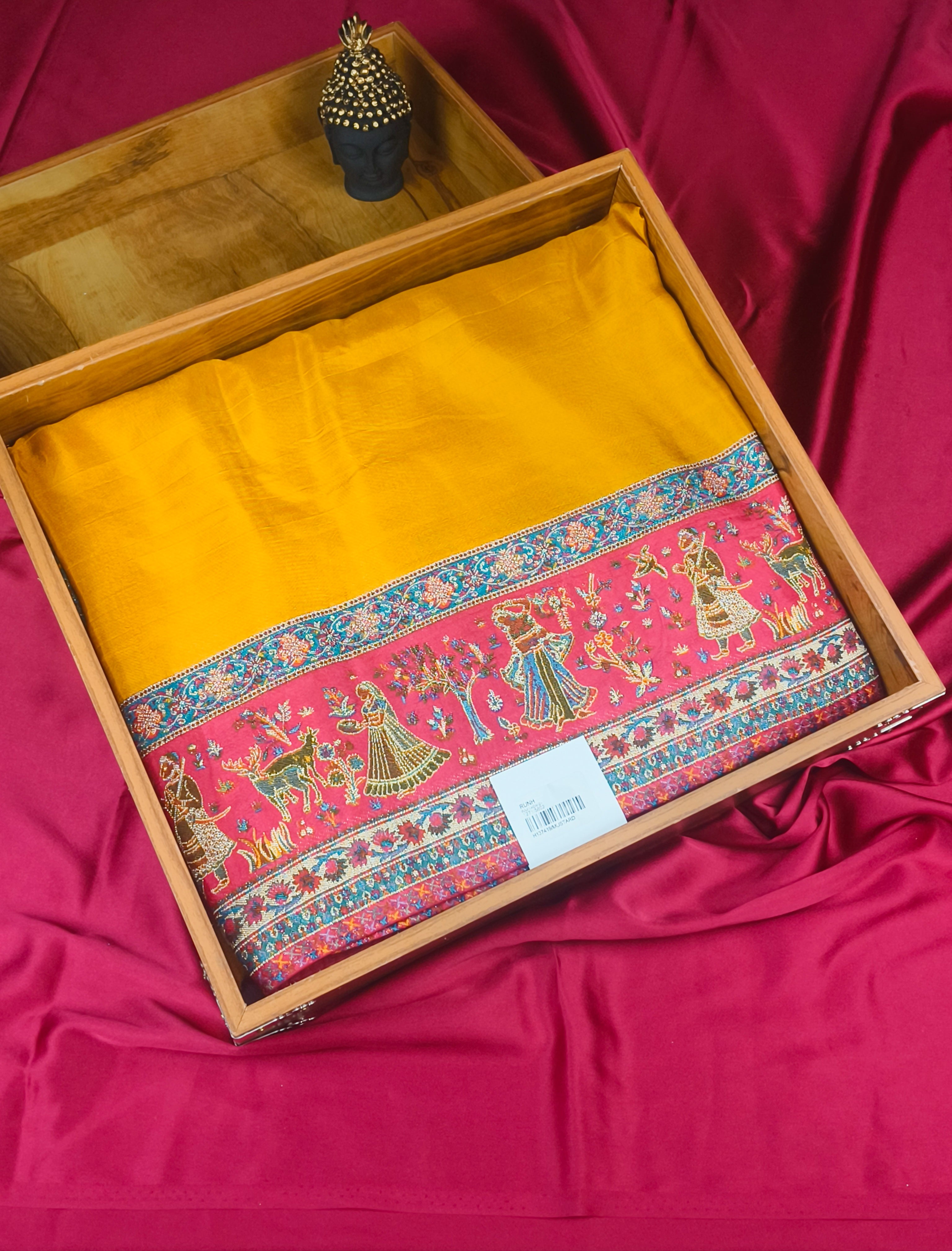 Mustard Yellow Pashmina Silk Saree with Handwoven Khaddi Border – Vastranika