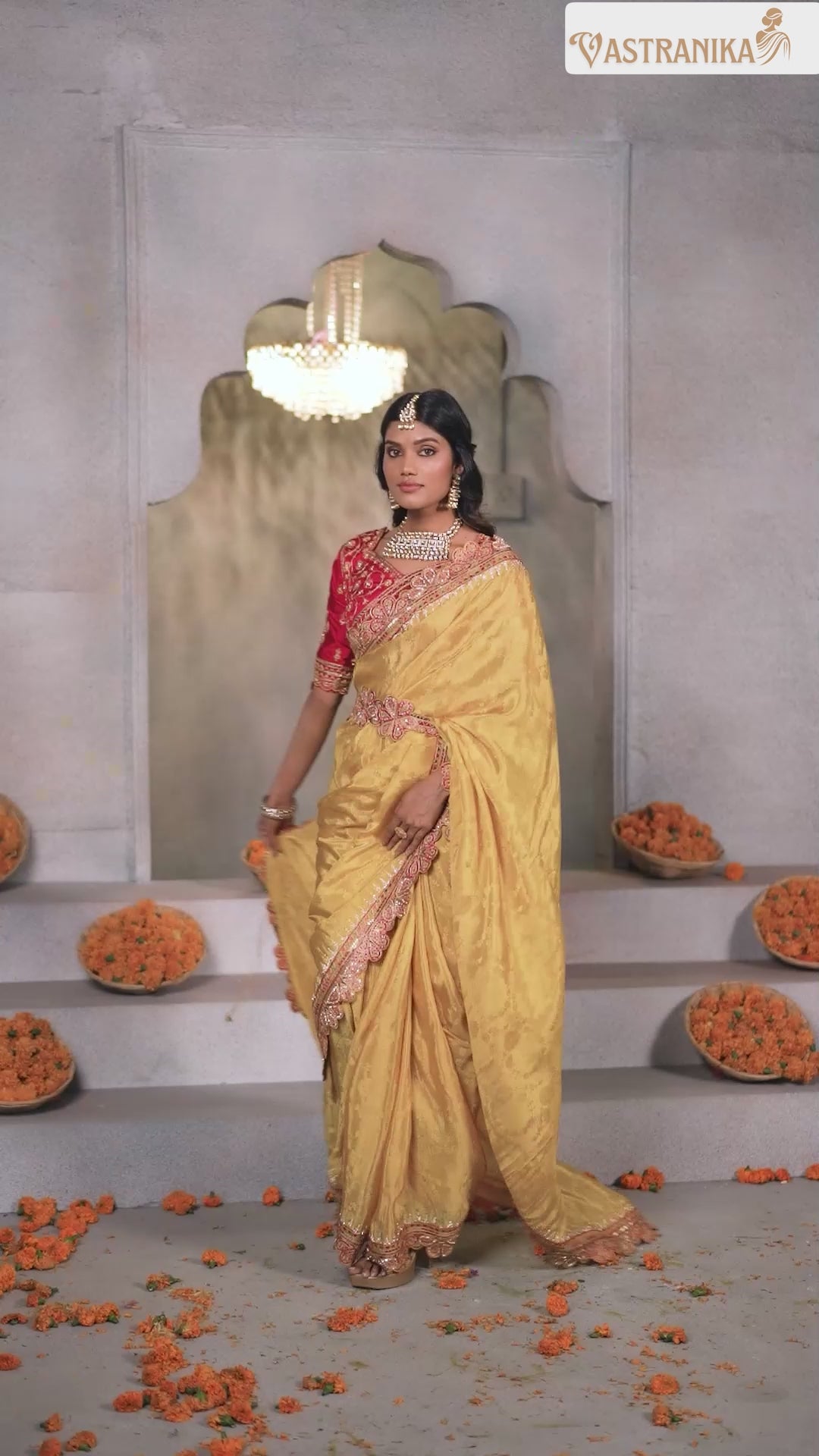 Golden Mustard Jacquard Chinon Crepe Silk Saree with Maroon Blouse & Handcrafted Purse – Vastranika 1002